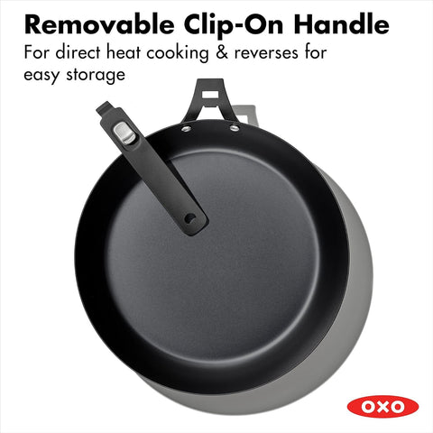 OXO pan on an induction cooktop illustrating compatibility and fast heat