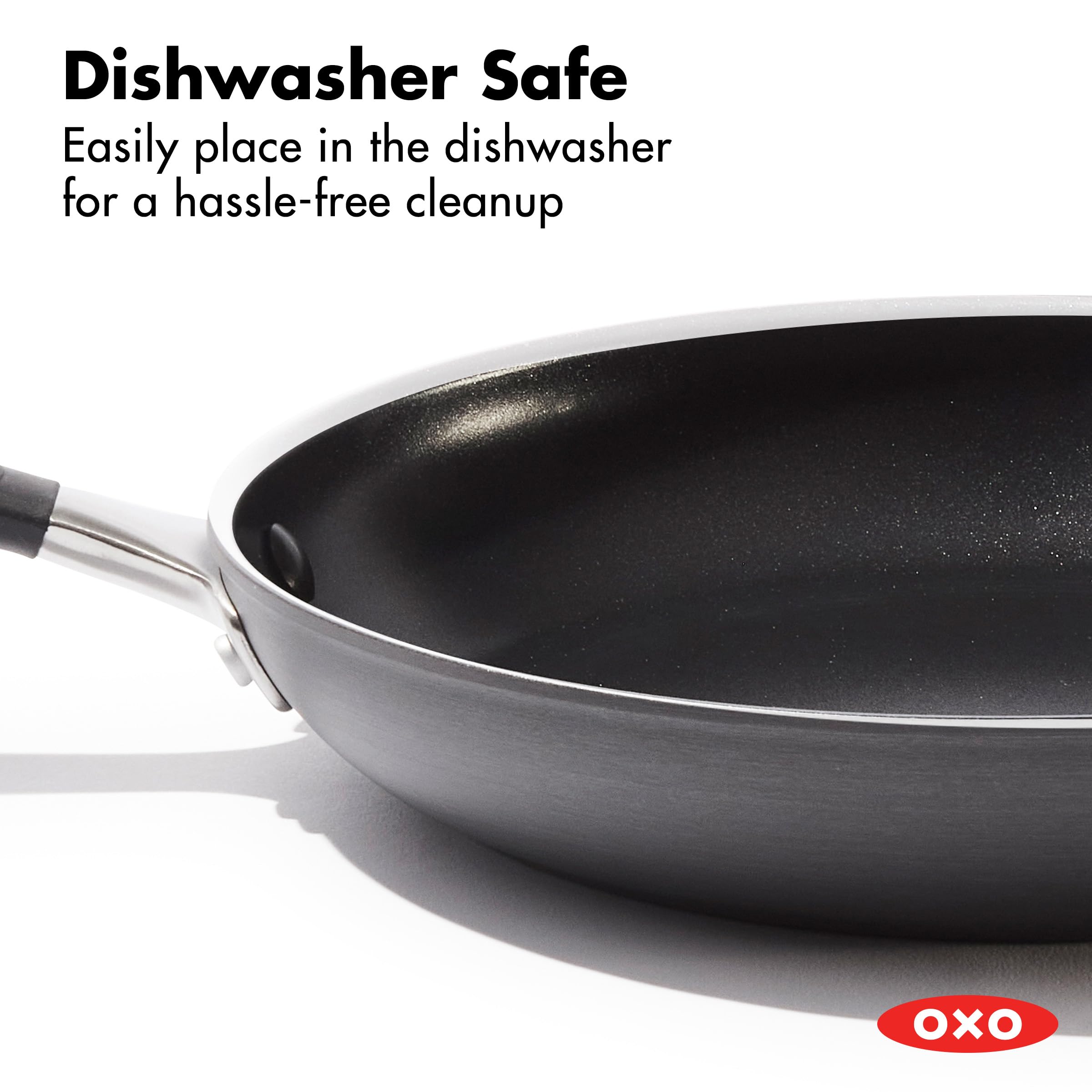 OXO pan next to utensils showing 10-inch scale for ideal everyday meal portion benefit