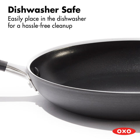 OXO pan next to utensils showing 10-inch scale for ideal everyday meal portion benefit
