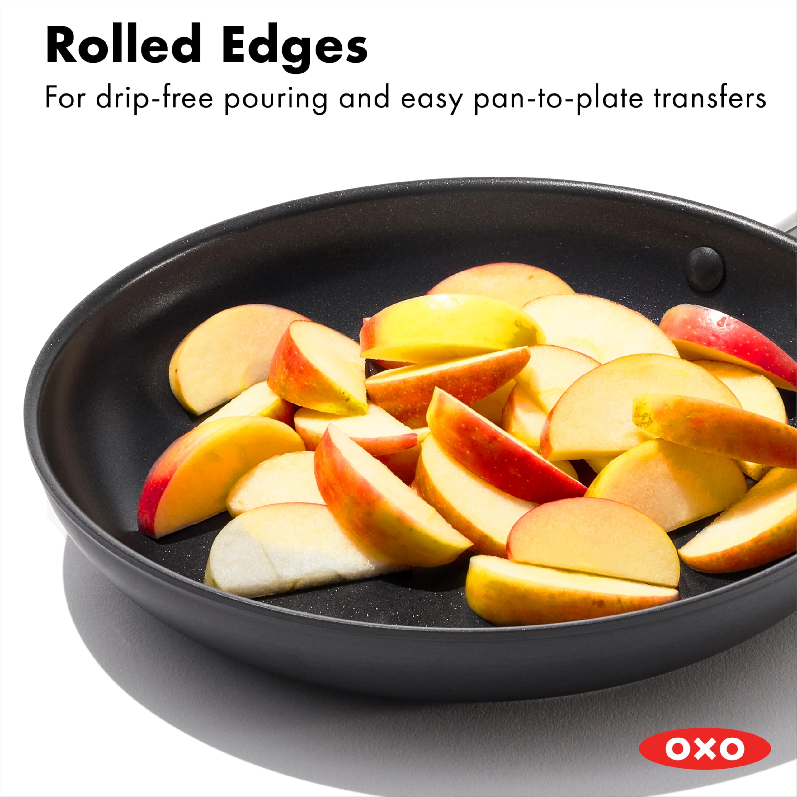 OXO pan cooking vegetables and meat on stovetop showcasing even browning and quick cleanup