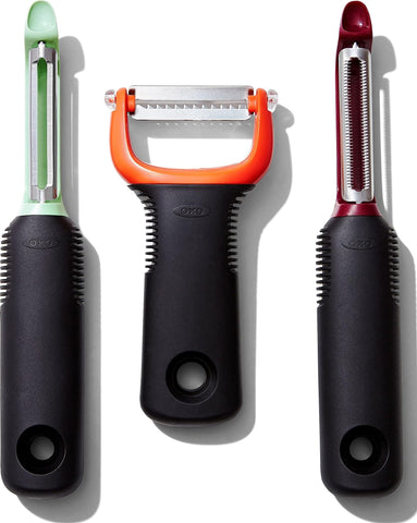 OXO peeler set front packaging shows contents and versatility
