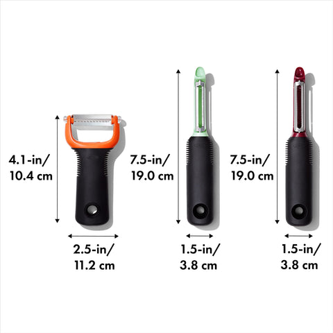 OXO peelers in hand for scale demonstrating compact usability