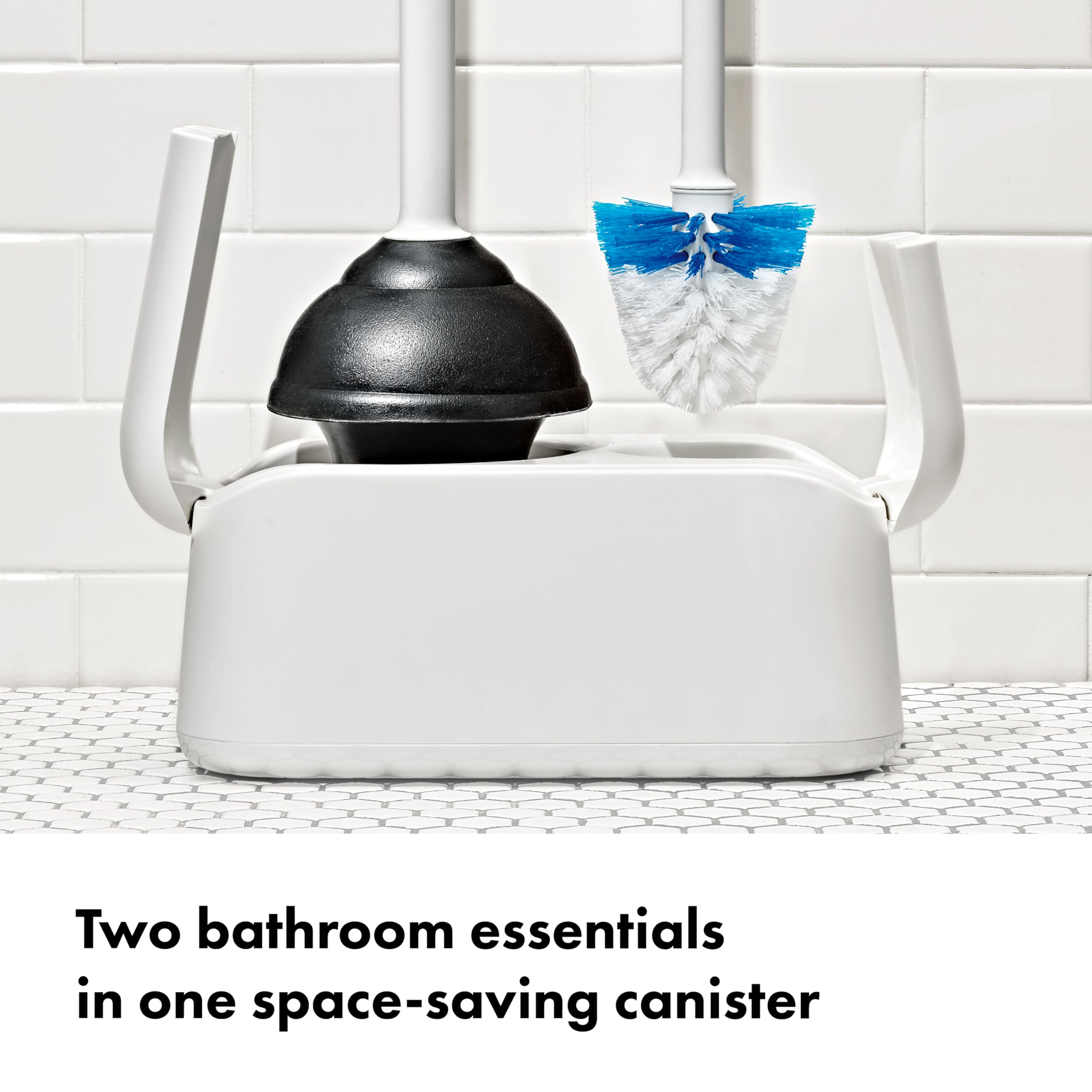 OXO plunger and brush stored inside canister with doors open for easy access