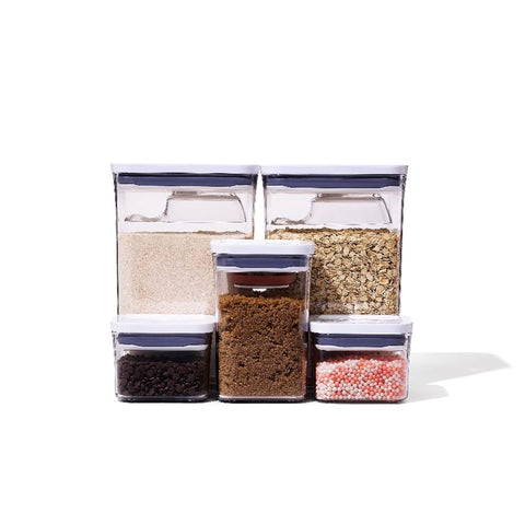 OXO Good Grips set front view showing containers and lids for organized baking
