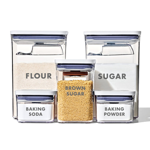 OXO POP baking set front view showing containers and labels for easy identification
