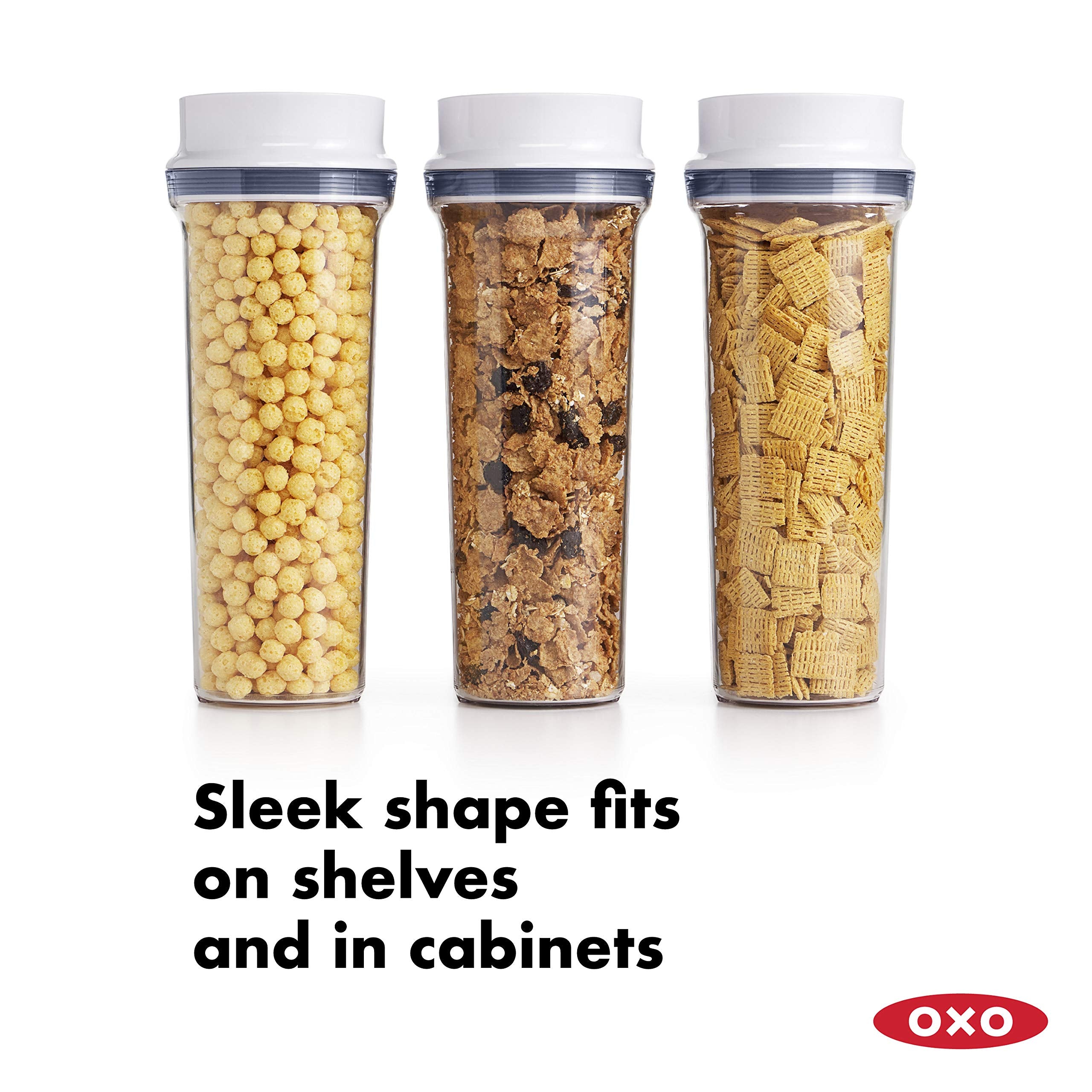 OXO pouring cereal from dispenser into bowl for spill-free serving