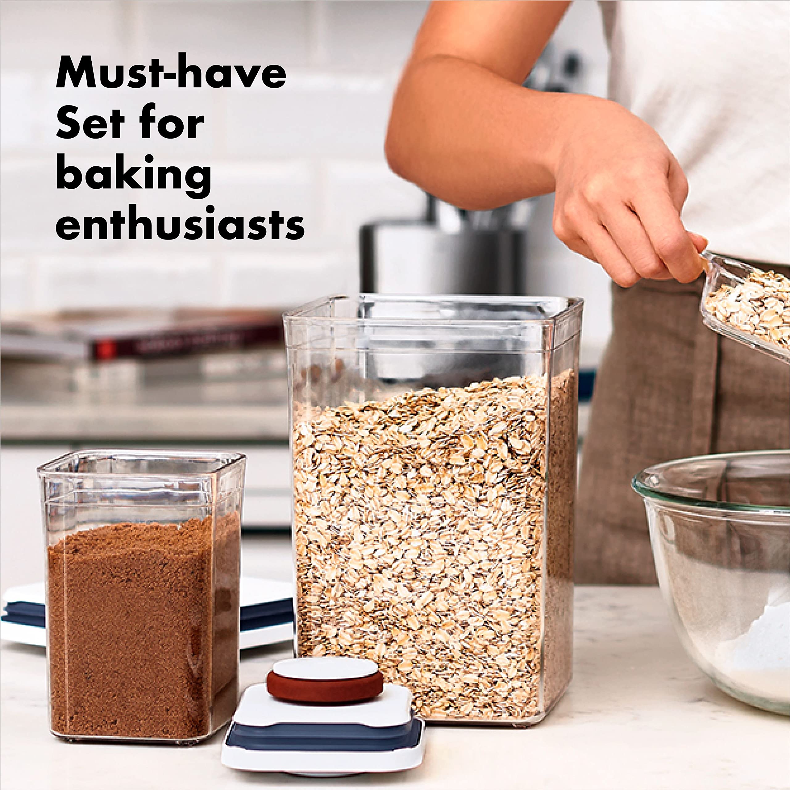 OXO Good Grips scoops and terracotta brown sugar saver stored under lid for convenience