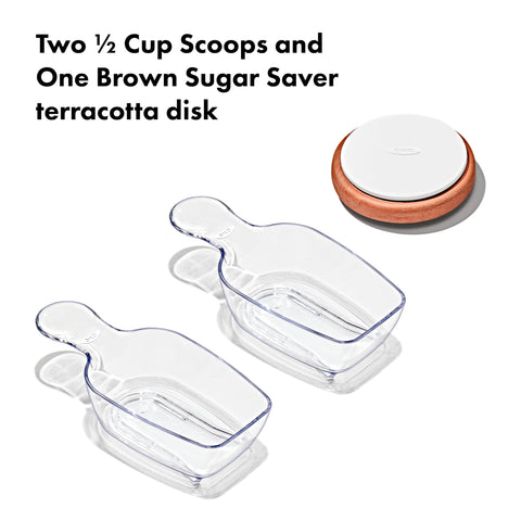 OXO POP half-cup scoops and Brown Sugar Saver keeping measurements handy