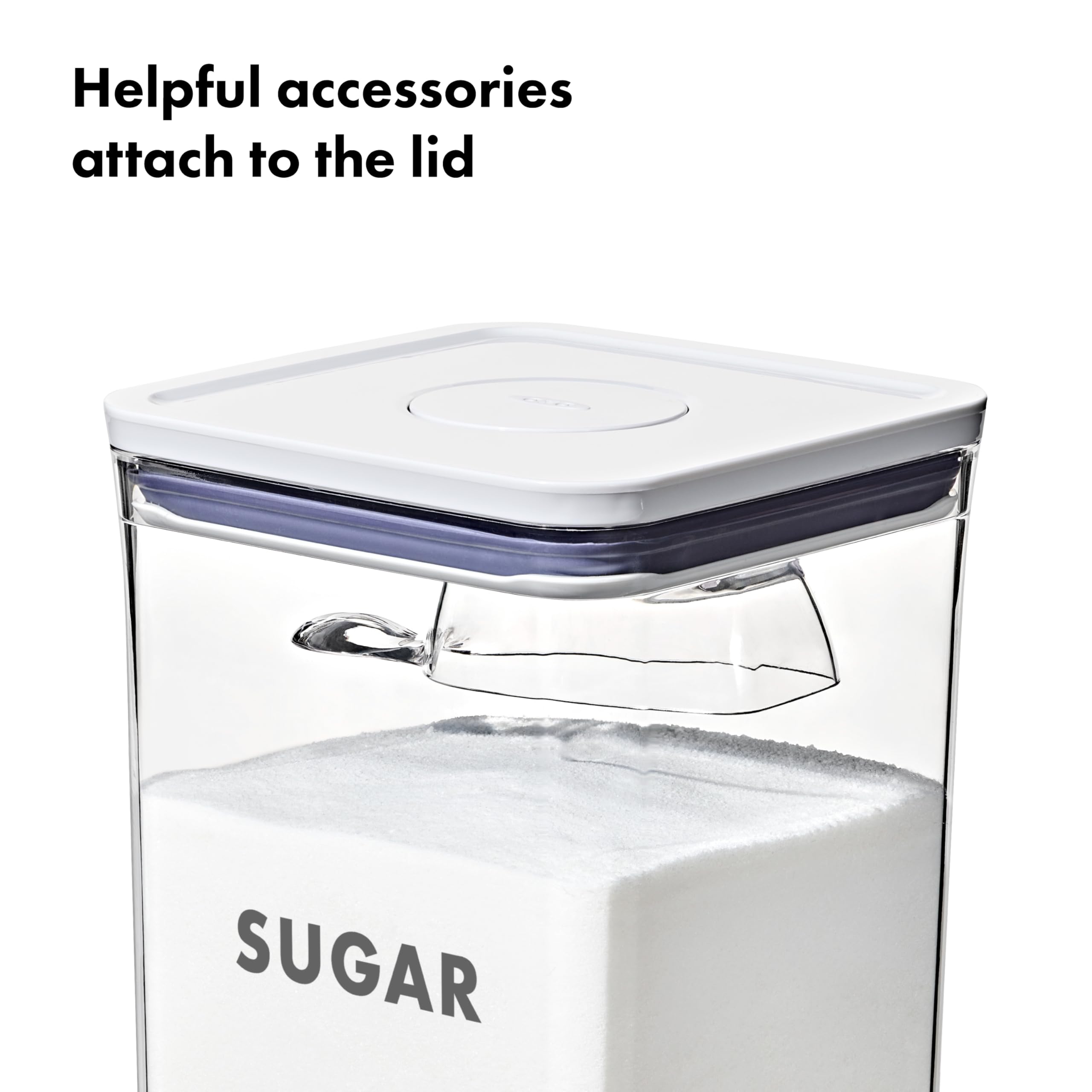 OXO POP container next to measuring cup showing size and capacity at a glance