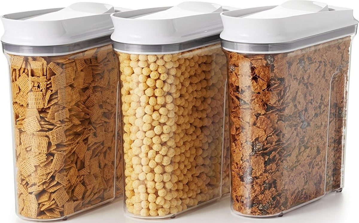 OXO three-piece POP dispensers front view showing organized countertop