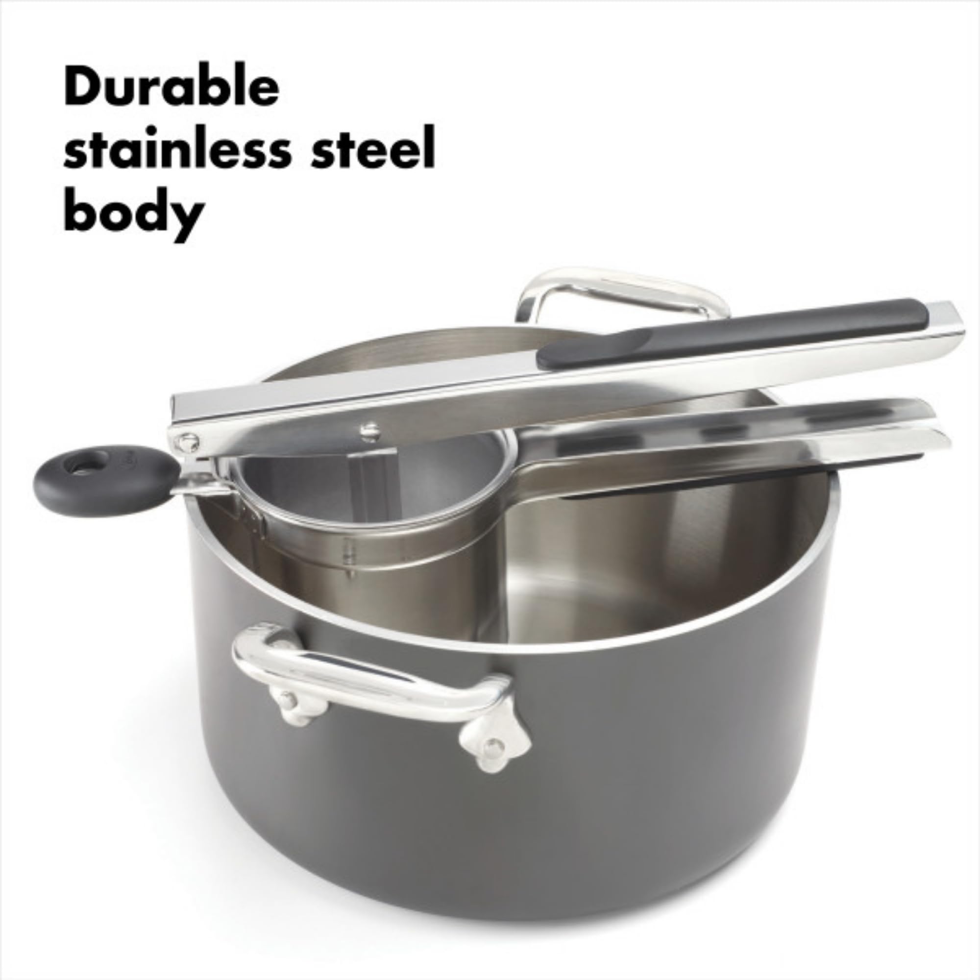 OXO stainless steel basket close-up showing perforations for smooth texture