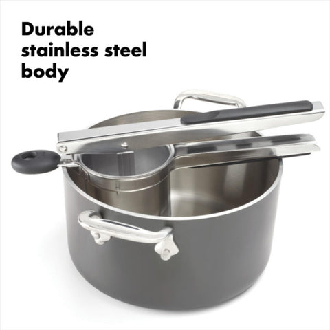 OXO stainless steel basket close-up showing perforations for smooth texture