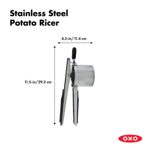 OXO ricer beside kitchen scale showing compact size and easy storage benefit