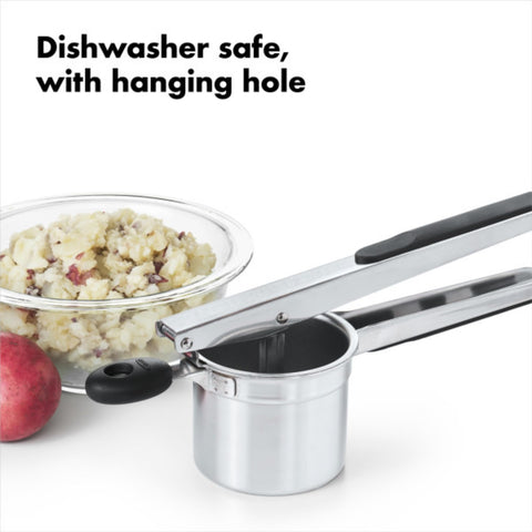 OXO nonslip stabilizing knob on rim providing steady leverage and safer pressing
