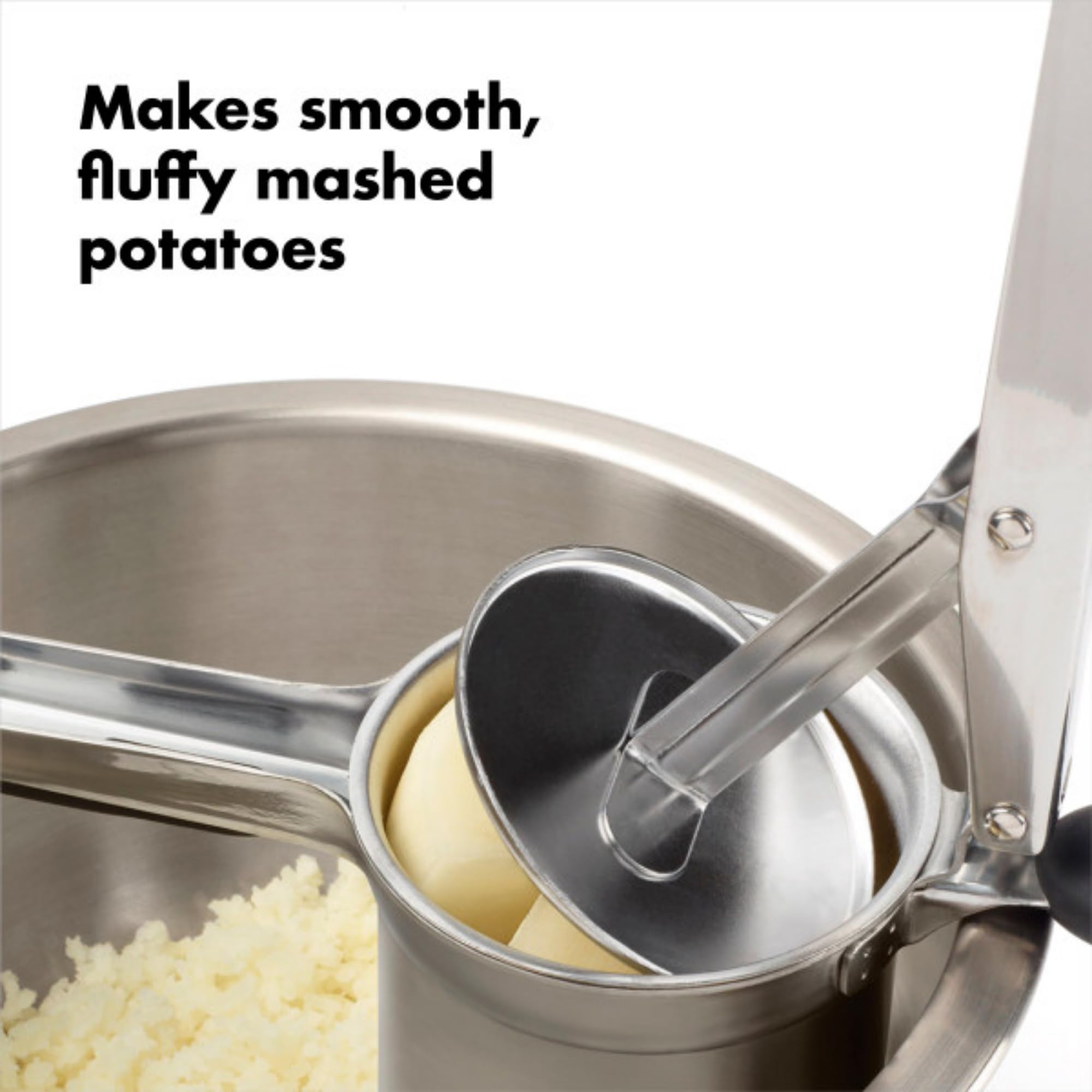 OXO riced potato texture on spoon illustrating light fluffy result for serving