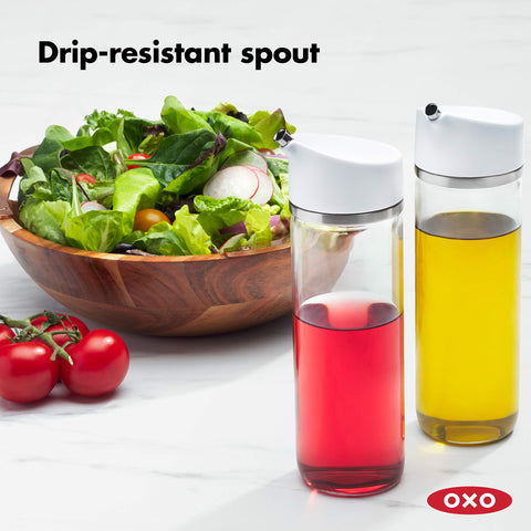 OXO clear glass body revealing liquid level for easy monitoring and refill timing