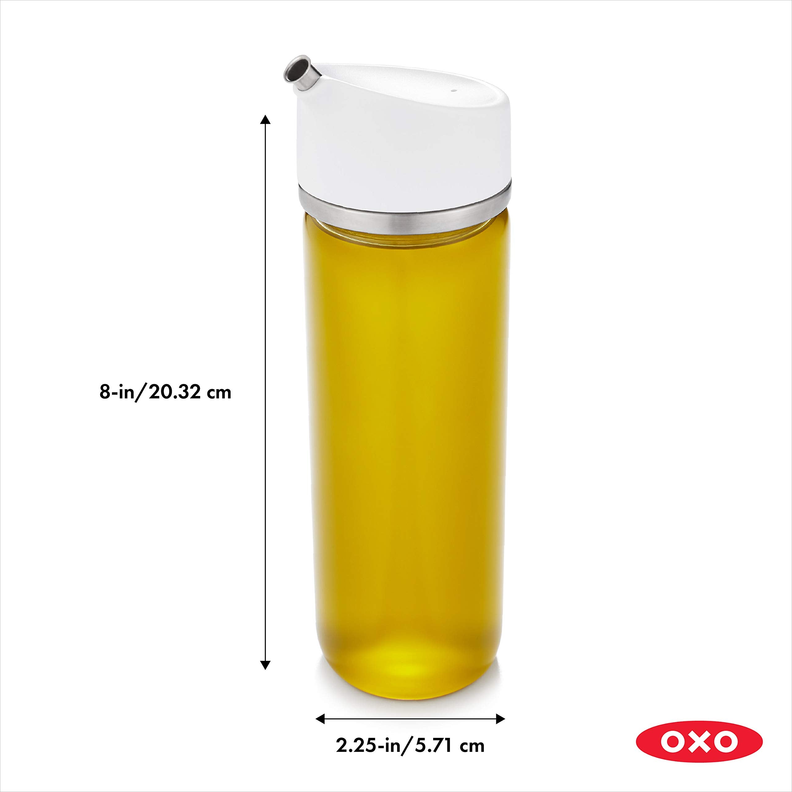 OXO stainless steel spout close-up highlighting drip-free precision and control