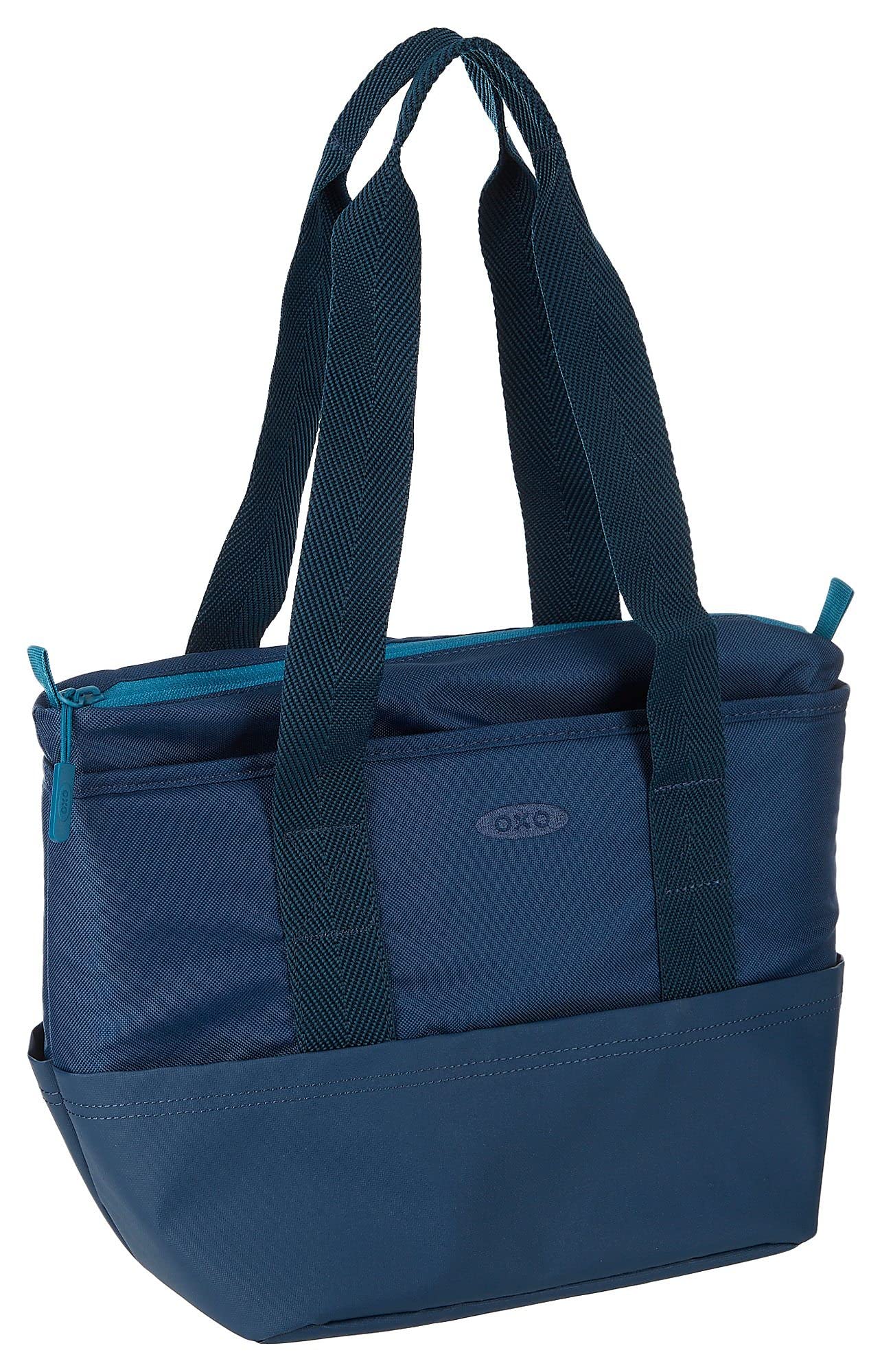 OXO front view of bag showing logo and zippered pocket, durable and organized