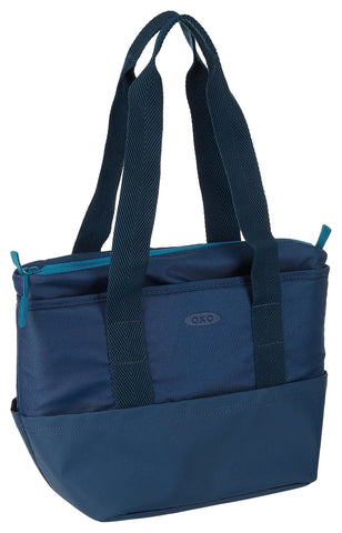 OXO front view of bag showing logo and zippered pocket, durable and organized