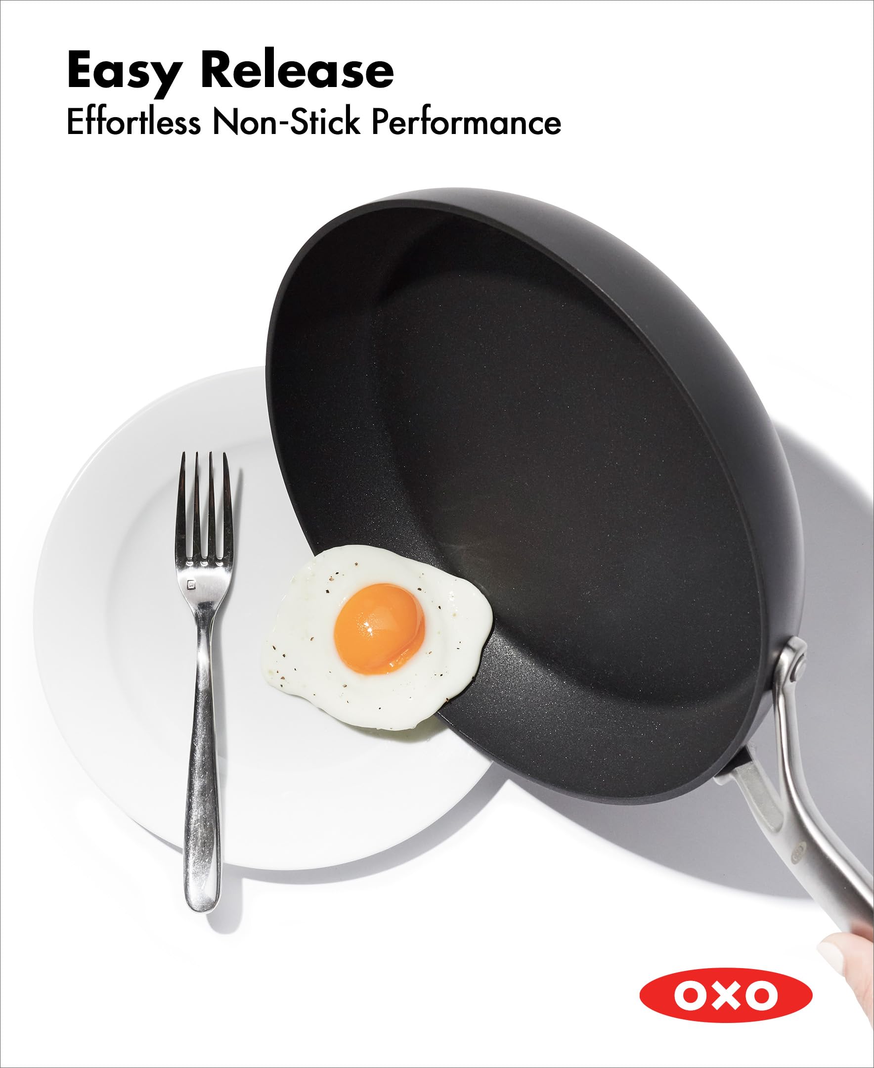 OXO professional 12" skillet searing a steak for high-heat performance