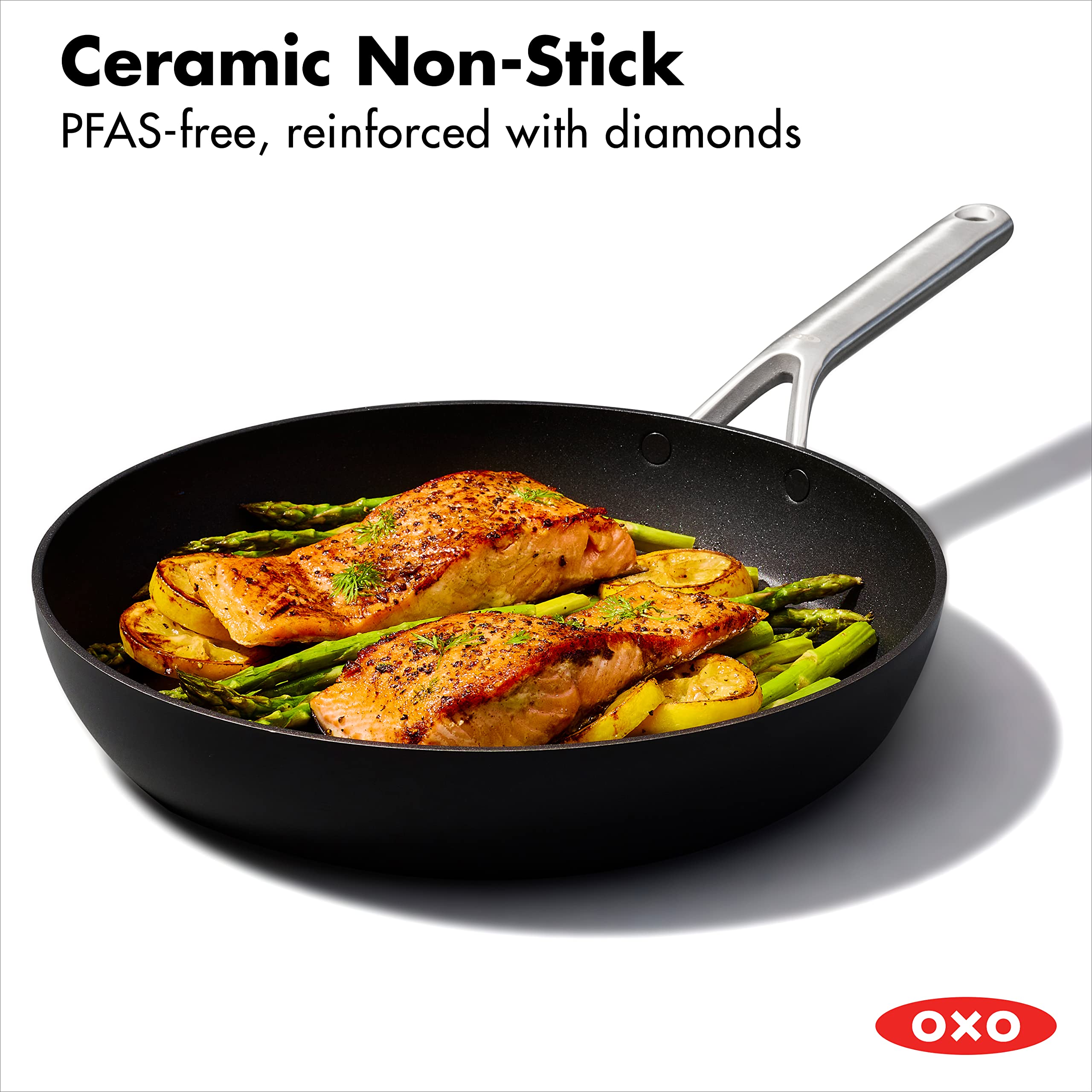 OXO professional 12" top view of ceramic cooking surface for easy release