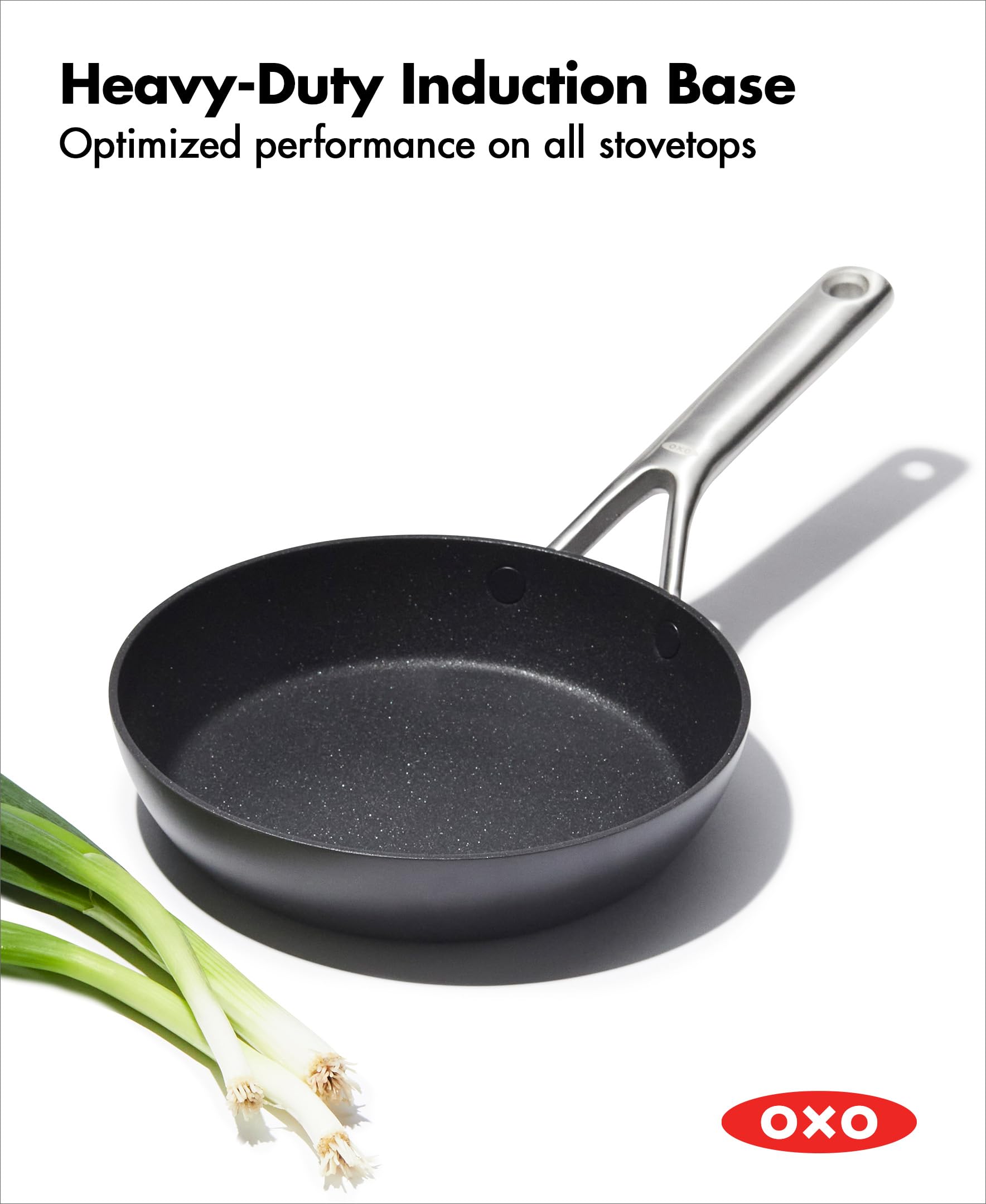 OXO professional bottom view of heavy‑duty induction base for consistent heating