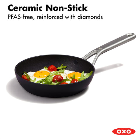 OXO professional closeup of diamond‑reinforced ceramic coating for easier food release