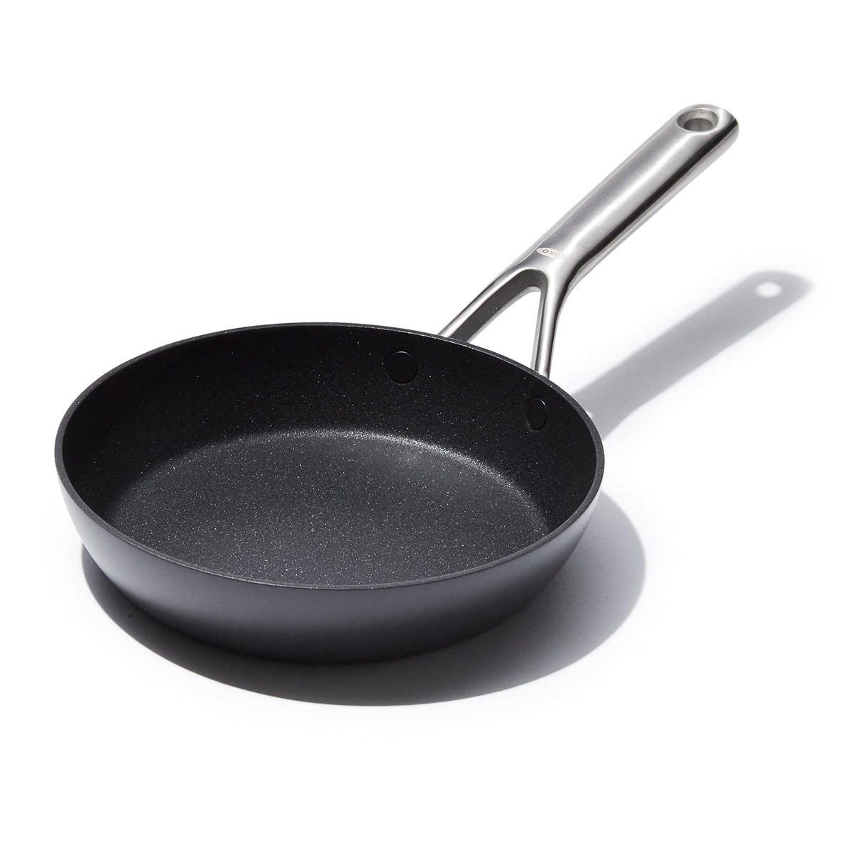 OXO professional 8in front view showing sleek black finish and larger cooking surface