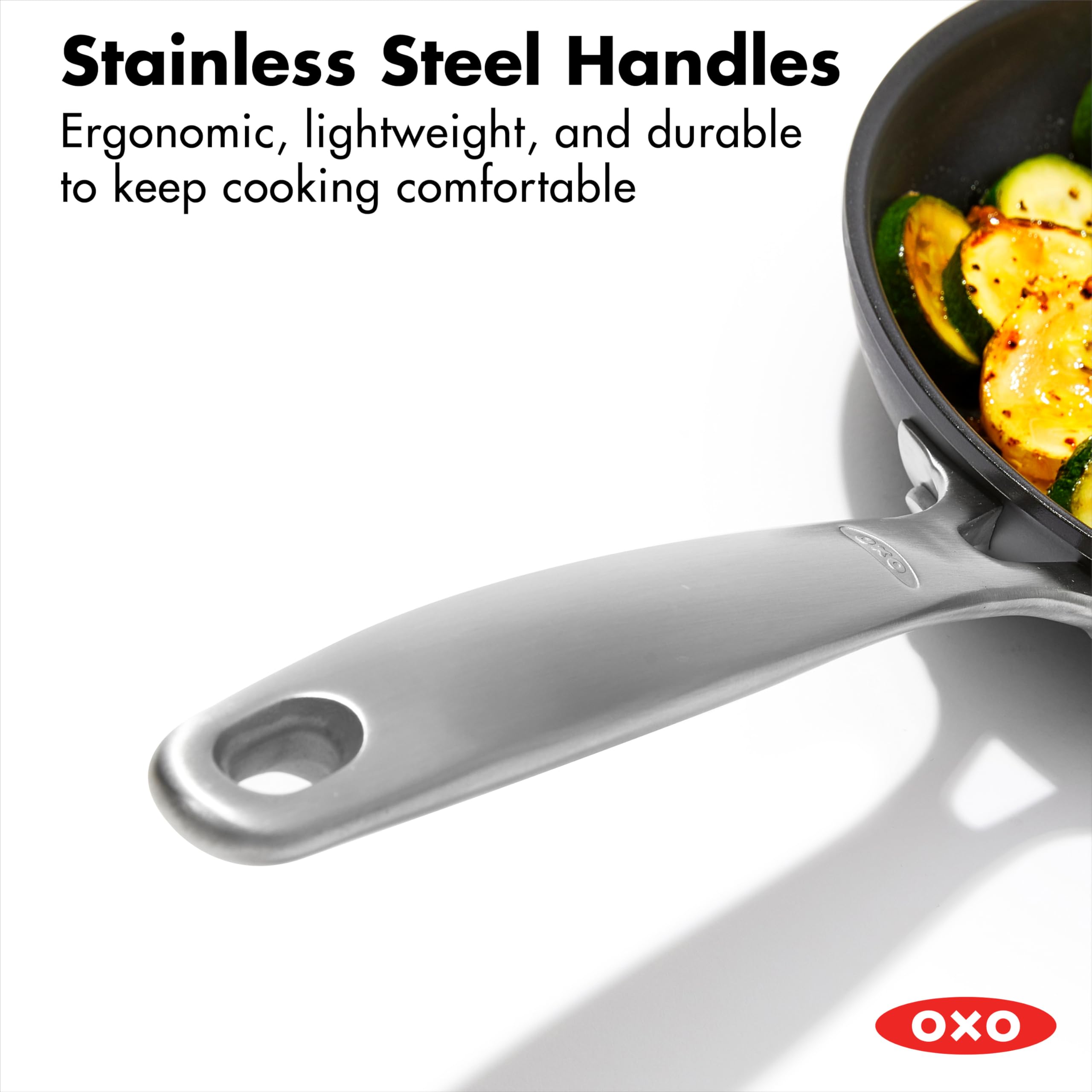 OXO rolled pouring rim detail for drip-free pan-to-plate transfers