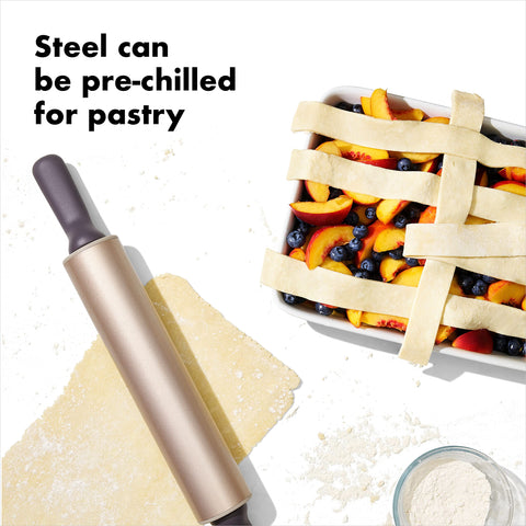 OXO chilled rolling pin in fridge keeping pastry cold for flakier layers benefit