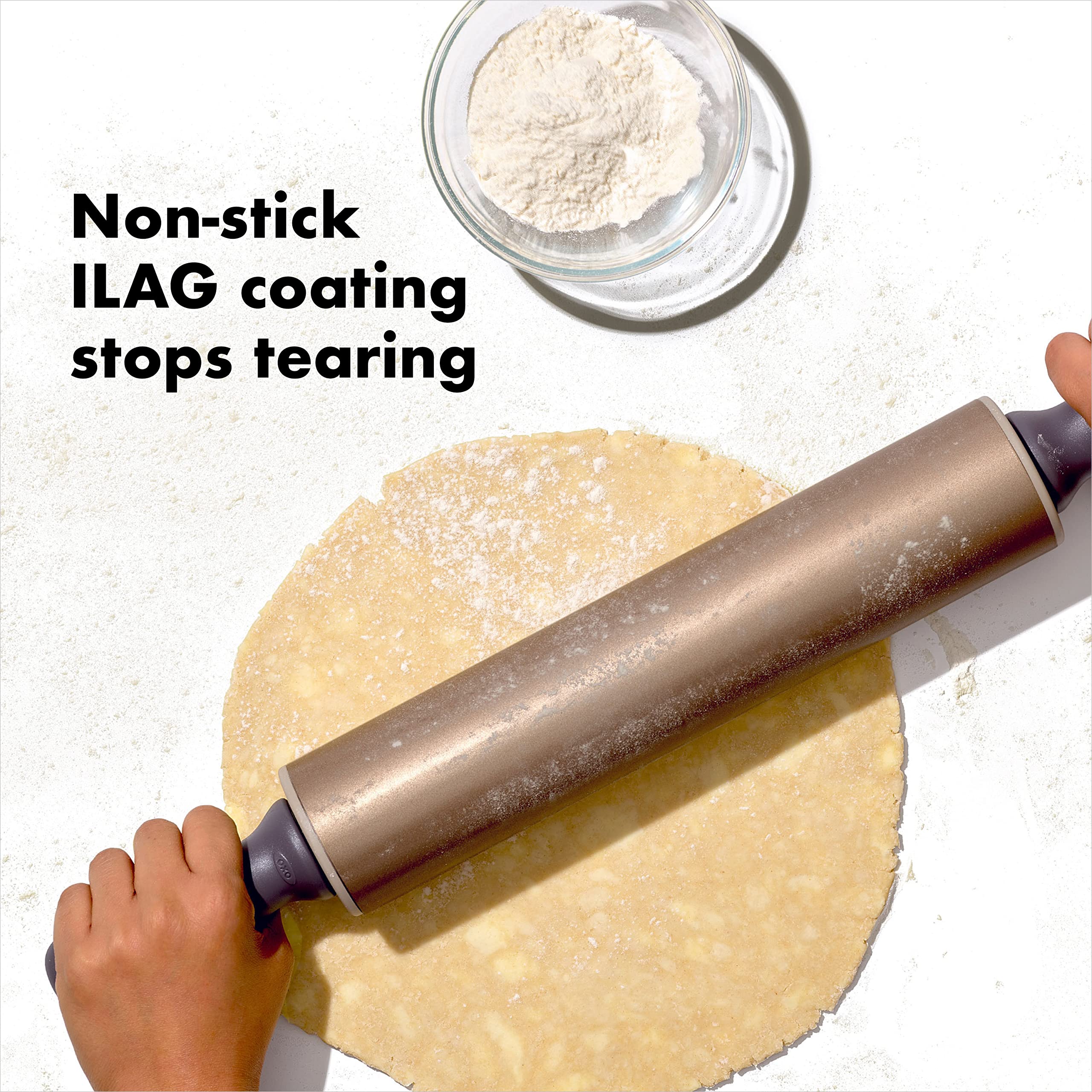 OXO contoured handle closeup highlighting ergonomic grip comfort benefit
