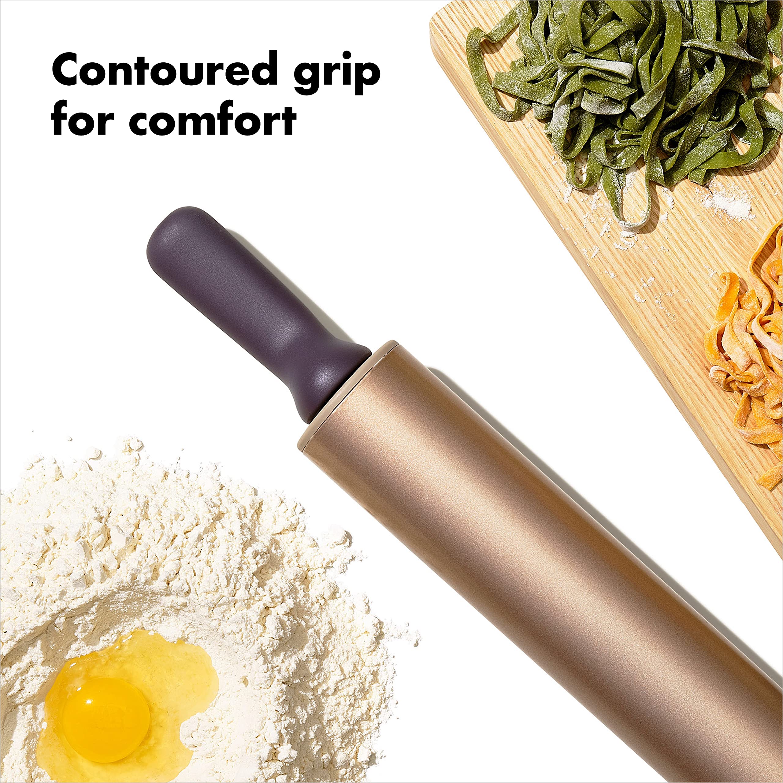 OXO rolling pin next to ruler showing 12-inch size for large crusts benefit