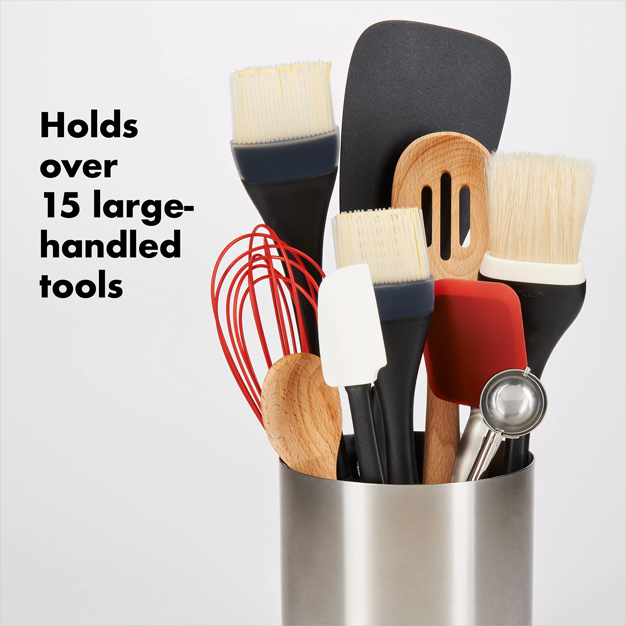 OXO rotating utensil holder on countertop in use for fast utensil retrieval benefit
