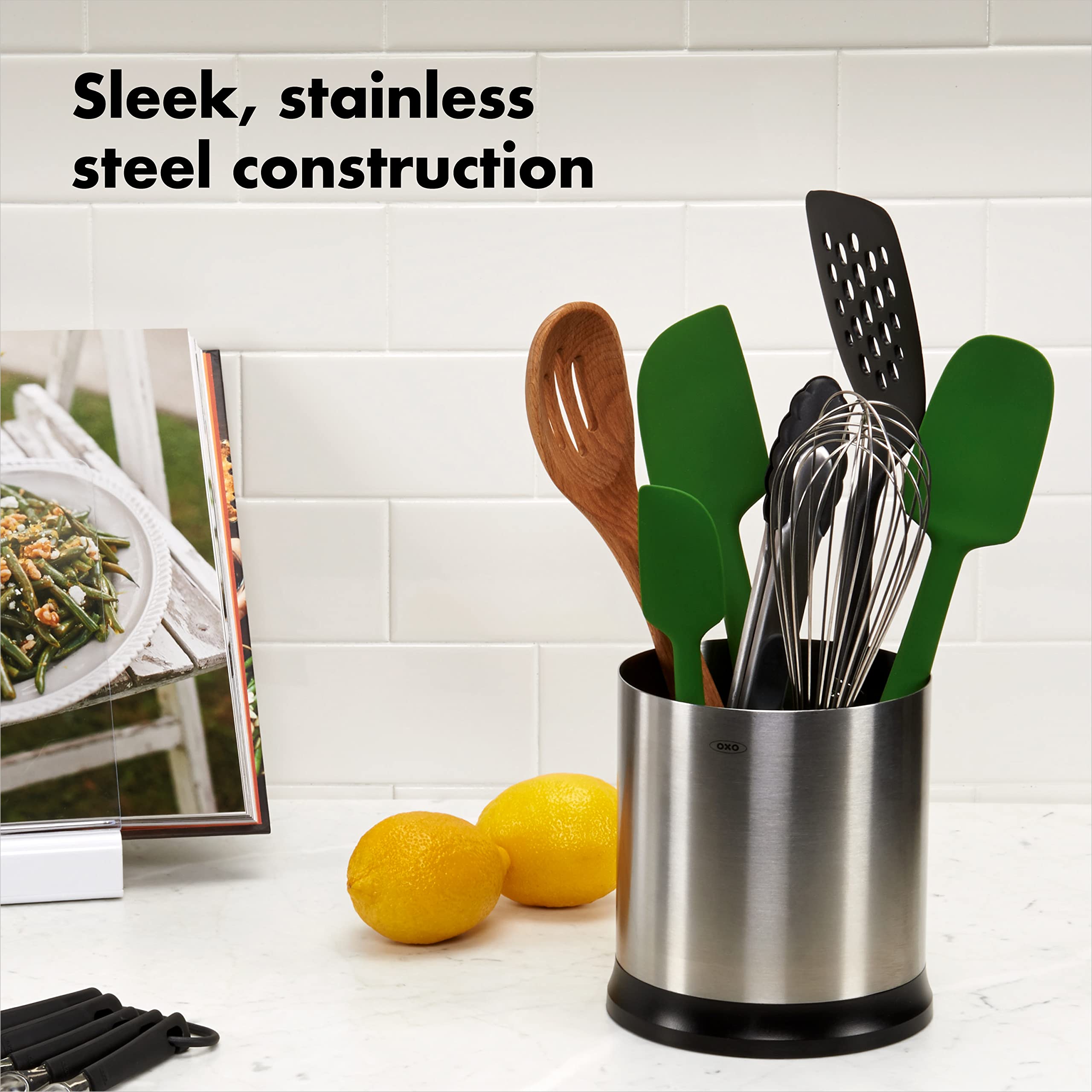 OXO rotating utensil holder with utensils to show capacity and scale benefit