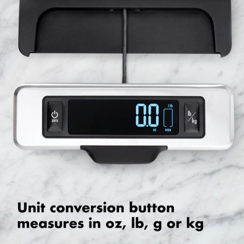 OXO scale in use with mixing bowl, simplifies precise recipe measurements