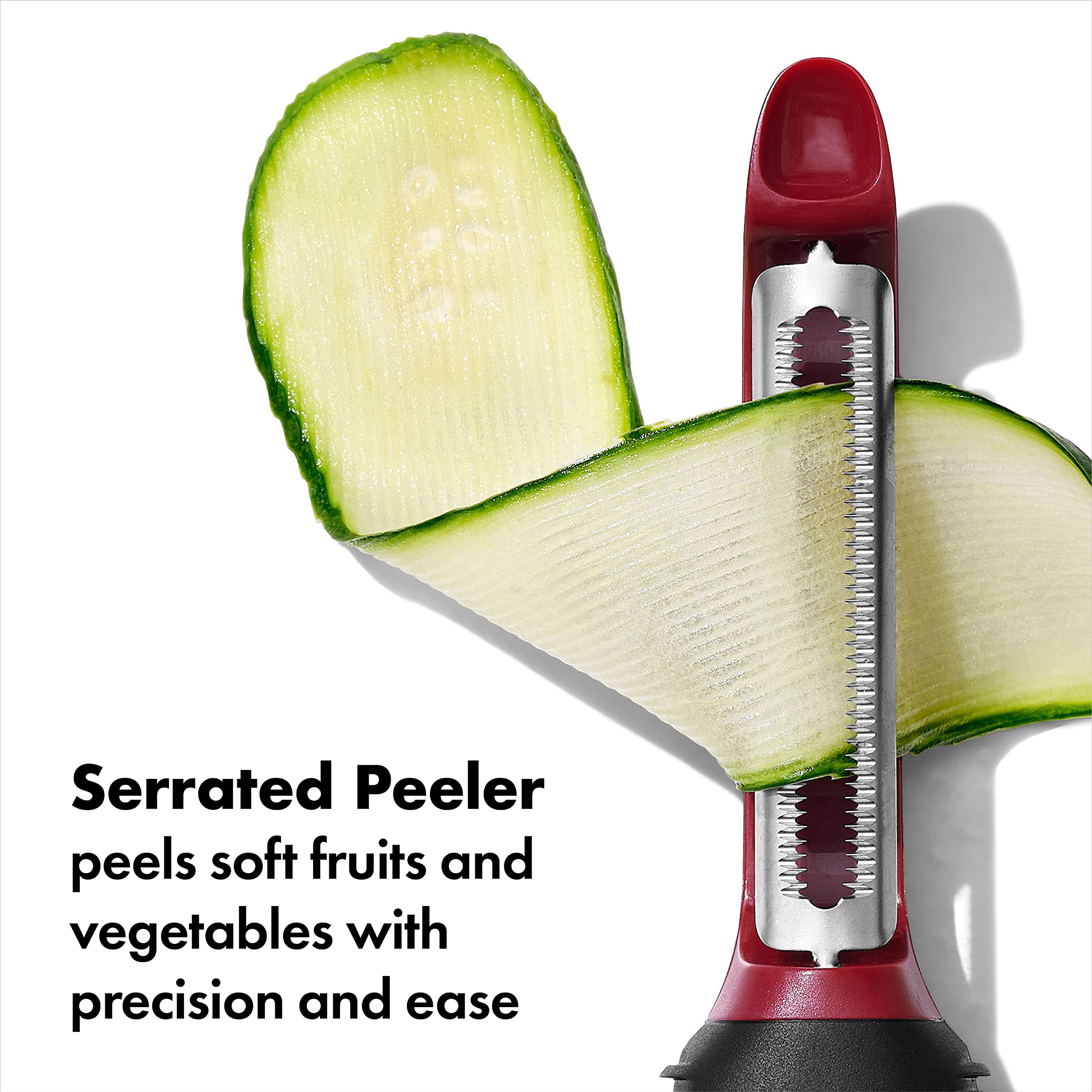 OXO serrated peeler removing skin from peach for precision