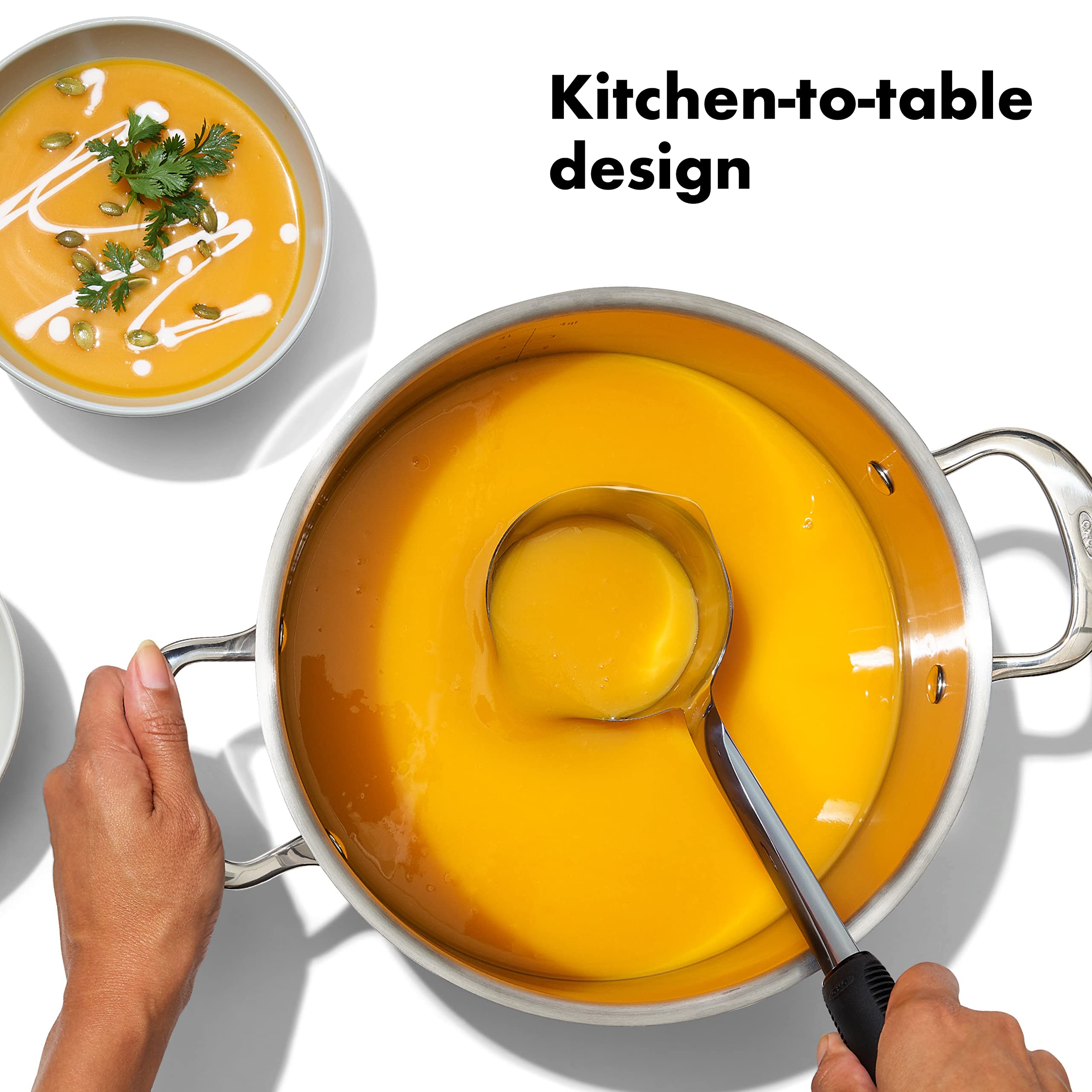 OXO serving soup with ladle, showcasing effortless portioning benefit
