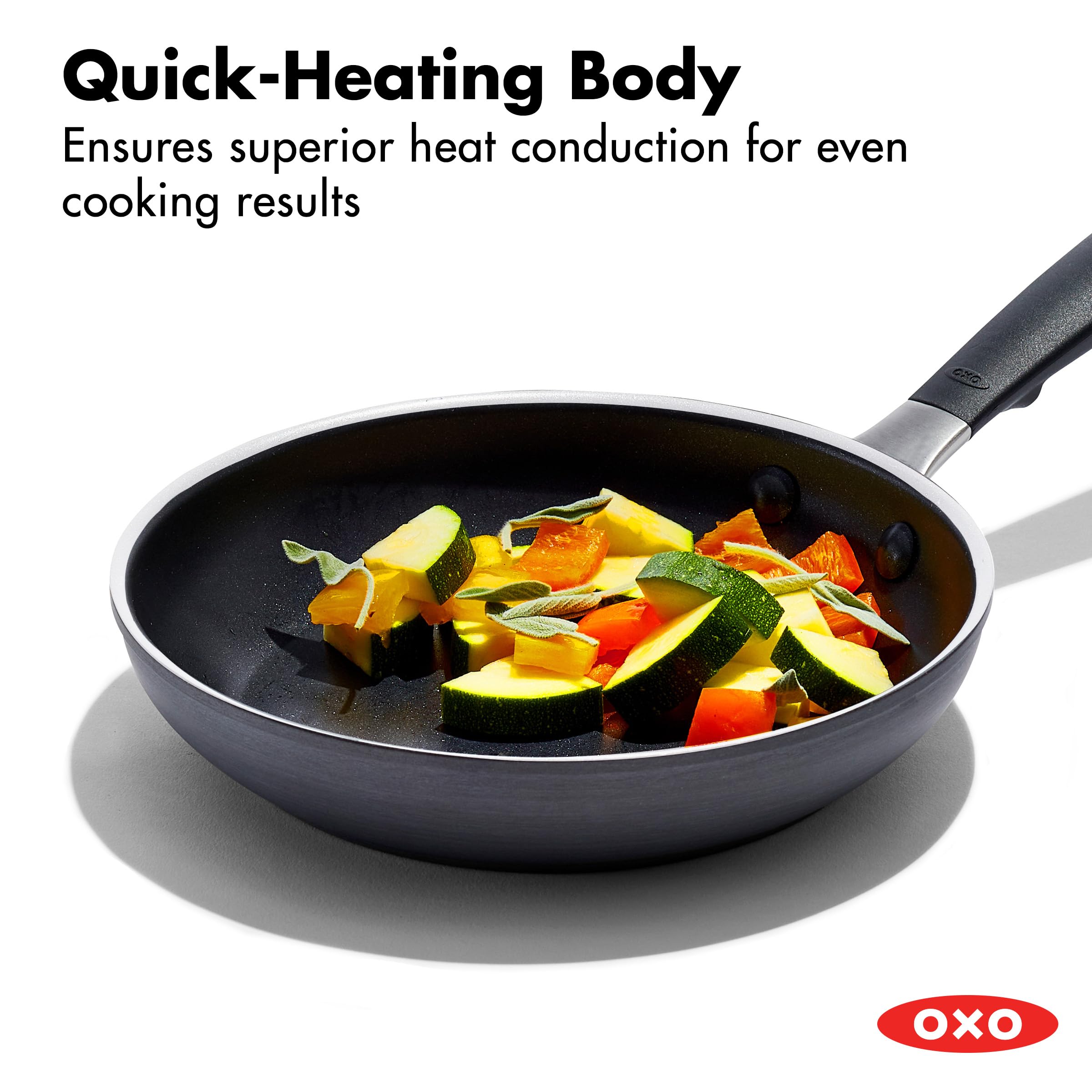OXO silicone-wrapped handle close-up highlighting comfort and secure grip