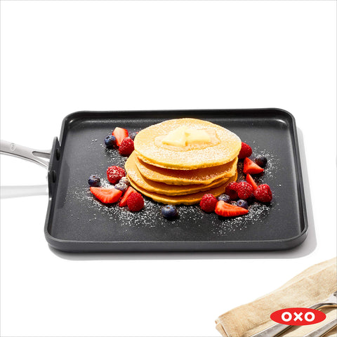 OXO size comparison with utensil showing 11-inch scale for batch cooking benefit