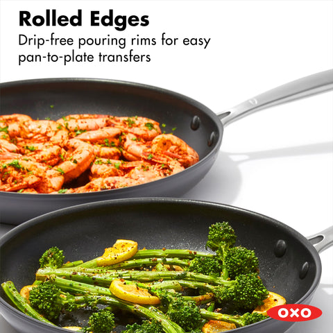 OXO pans beside measuring scale showing 8, 10, 12 inch size comparison