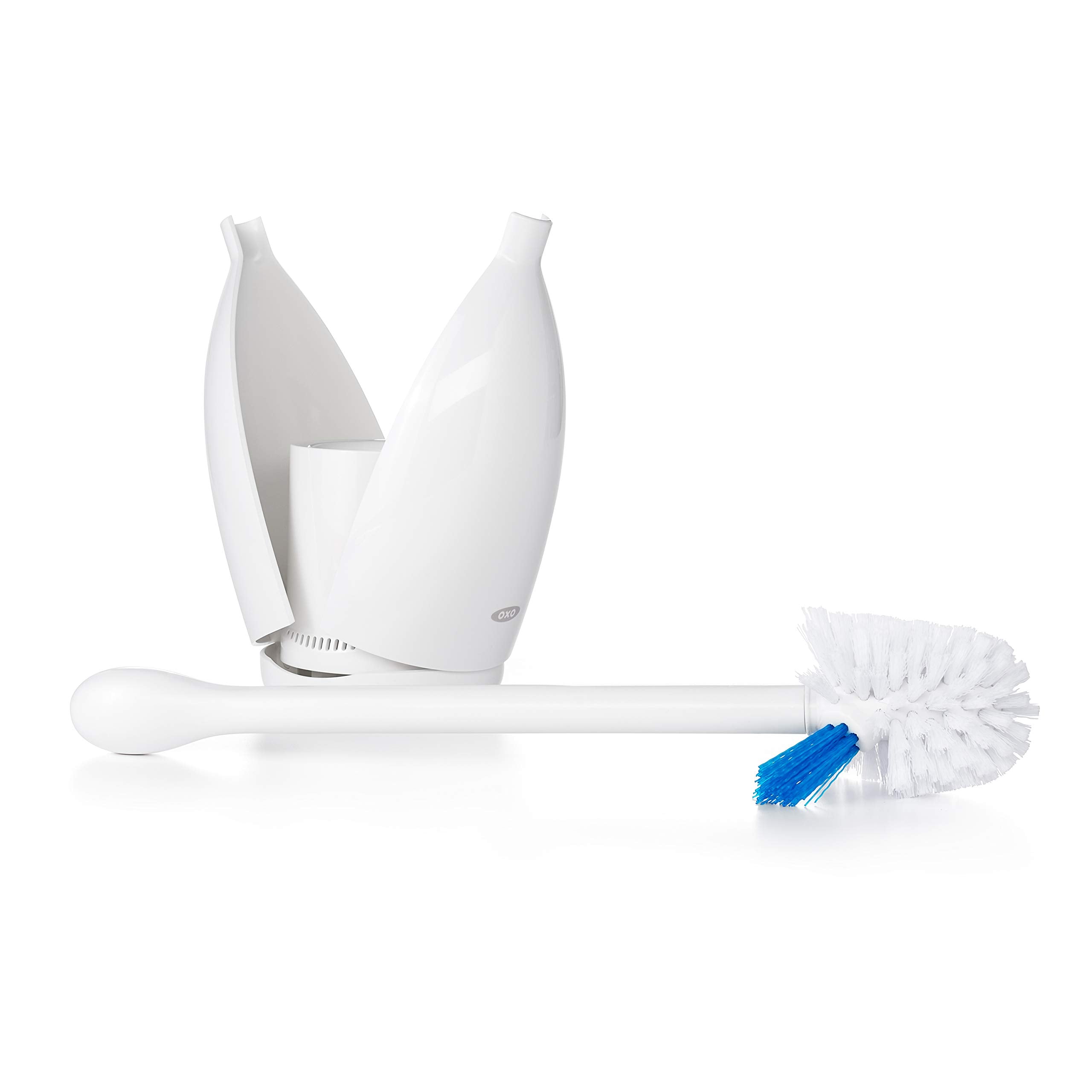 OXO brush set beside toilet showing scale for fitting typical bathrooms