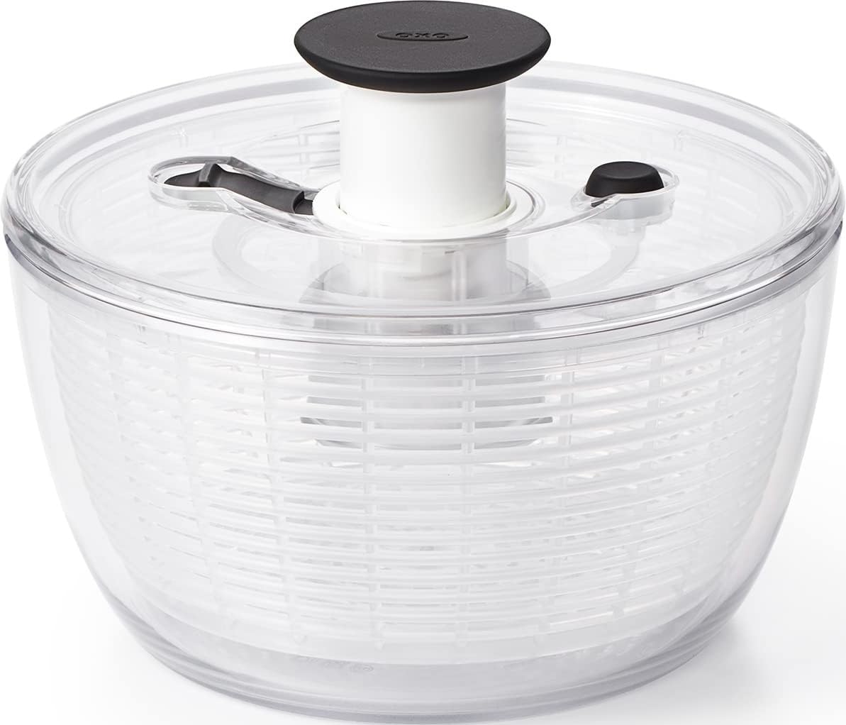 OXO front view of small salad spinner showing compact design and easy storage benefit