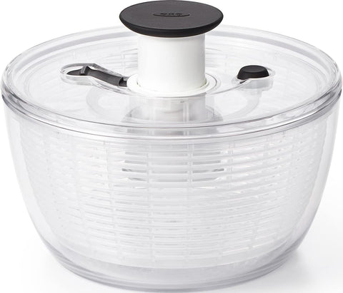 OXO front view of small salad spinner showing compact design and easy storage benefit