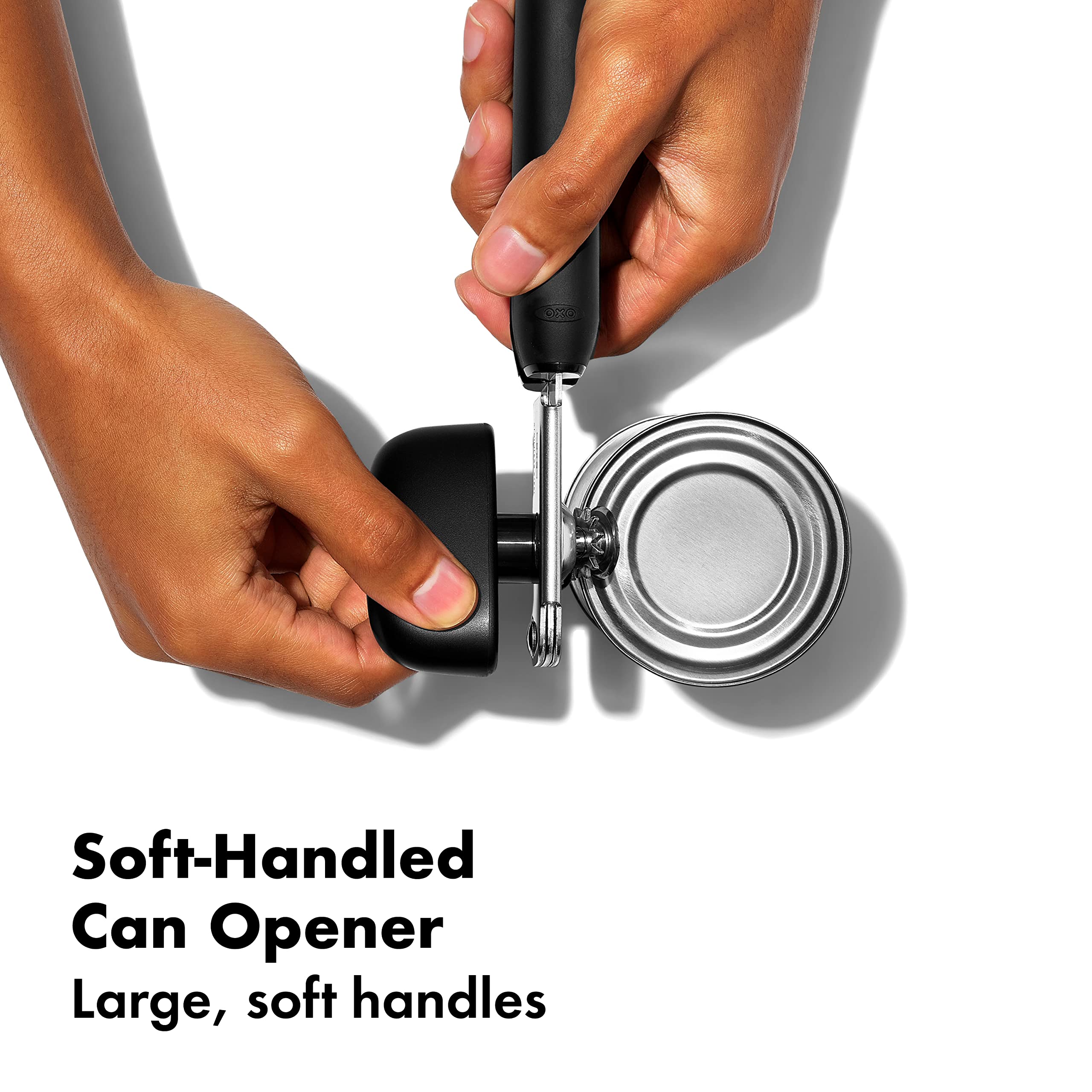 OXO soft-handled can opener detail showing ergonomic grip and comfort