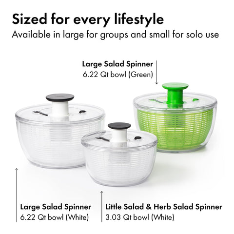 OXO detailed view of spinning basket showing colander holes for fast draining
