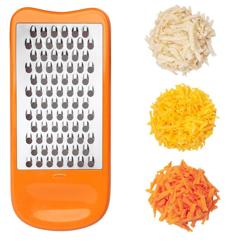 OXO coarse grater shredding semi-soft cheese and onions for texture