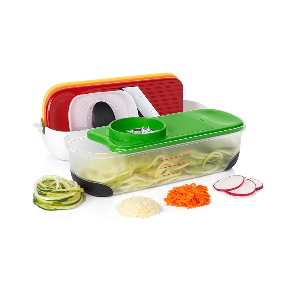 OXO front view of spiralize grate & slice set showing compact design and benefits