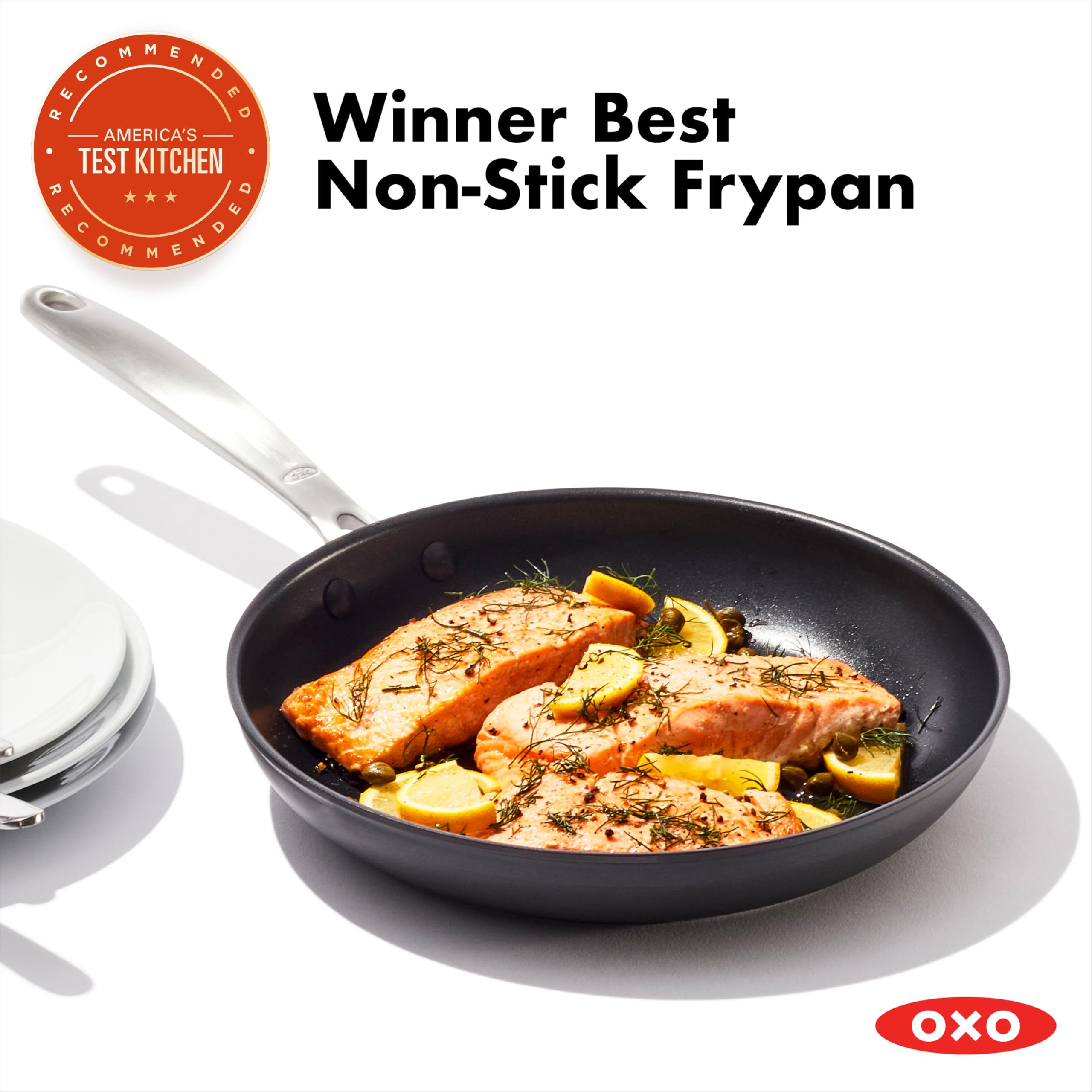 Stainless steel handle detail on OXO pan showing secure grip and oven-safe convenience