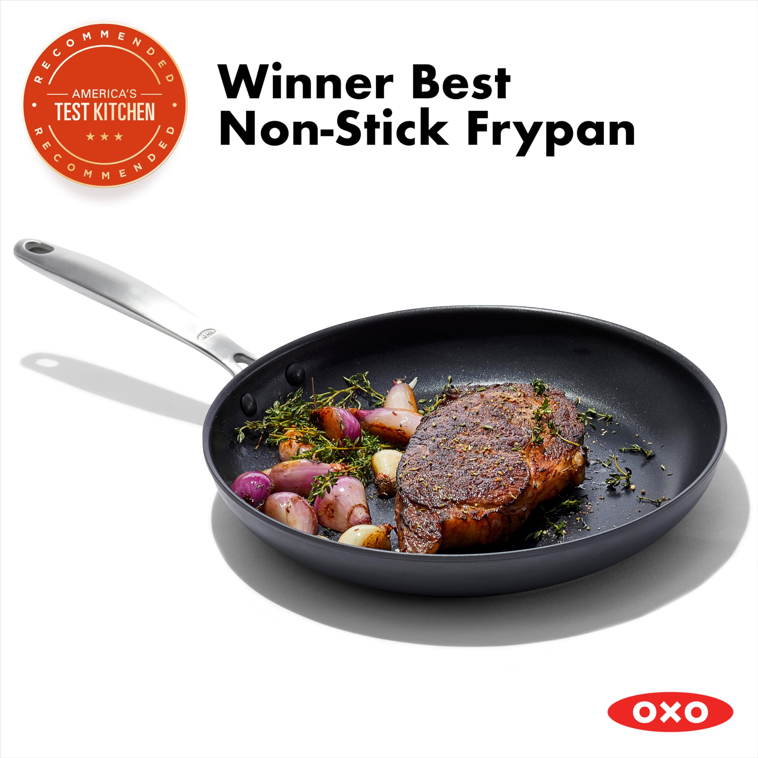OXO stainless steel handle detail highlighting ergonomic grip and oven-safe durability