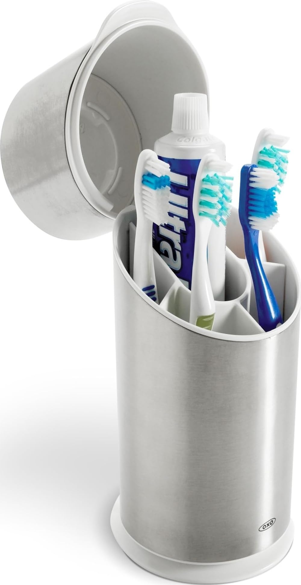 OXO stainless toothbrush holder front view showcasing neat countertop storage and durability